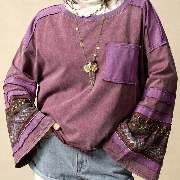 Multicolor Casual Women's Knit Patchwork Round Neck Long Sleeve Loose T-Shirt - Picture 3 of 8